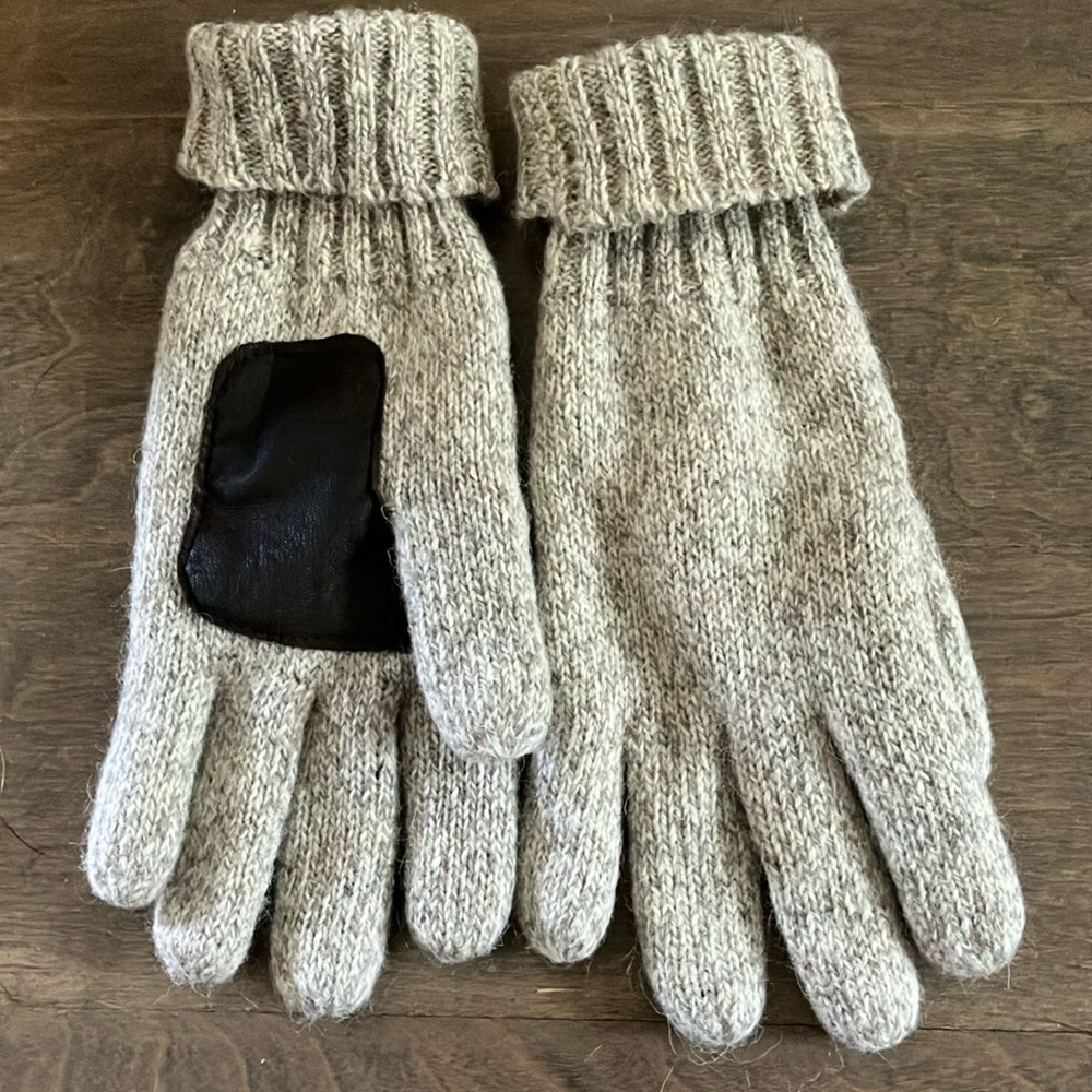 Ragg wool men’s Knit Gloves with brown Leather Palm Patch fleece lining